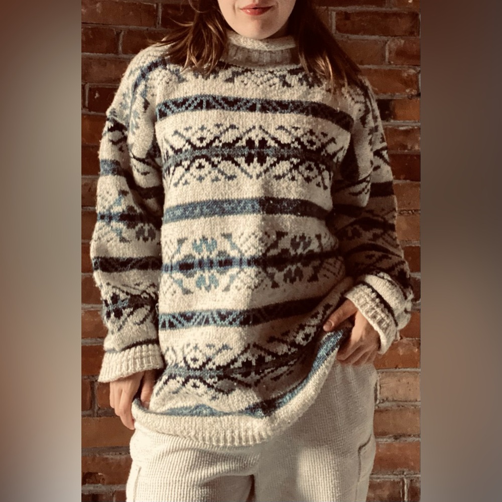 VINTAGE wool blend knit fair isle mock neck oversized sweater large - Picture 2 of 11